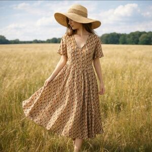 Flax Brand Rayon Printed Midi Dress Abstract Print Yellow/Orange/Purple Sz M